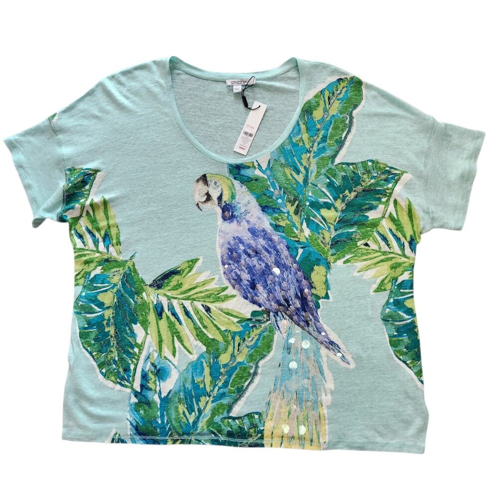 Chico's linen embellished parrot easy tee shirt size 3 / XL NWT